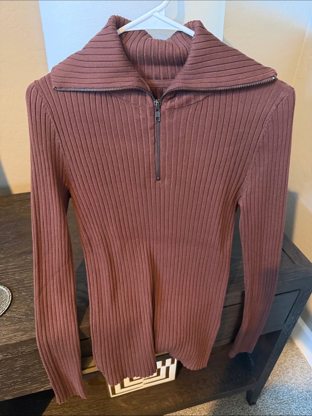 Anthropologie Ribbed Half-Zip Turtleneck Sweater - Rose Brown